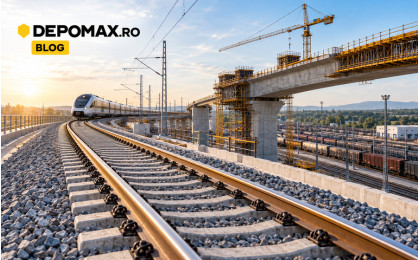 Infrastructură feroviară europeană modernă, cu șine, traverse din beton, pod în construcție și tren în circulație