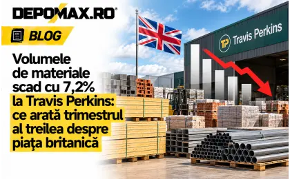 Depozit britanic de materiale pentru construcții, cu stive de lemn, paleți și profile metalice într-o perioadă de activitate redusă