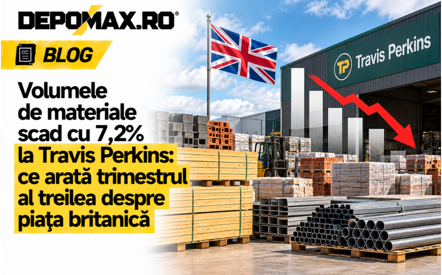 Depozit britanic de materiale pentru construcții, cu stive de lemn, paleți și profile metalice într-o perioadă de activitate redusă