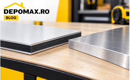 Panou compozit din aluminiu cu miez vizibil și tablă plină din aluminiu prezentate comparativ