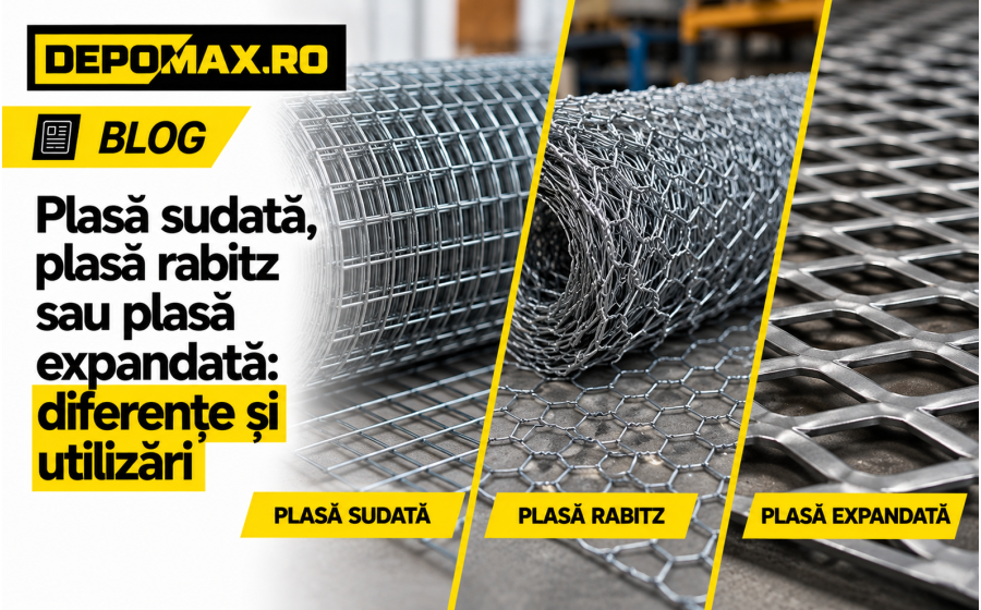 Mostre de plasă sudată cu ochiuri pătrate, plasă rabitz hexagonală și plasă expandată romboidală prezentate comparativ