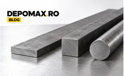 Platbandă, bară pătrată plină și bară rotundă plină din oțel prezentate comparativ pe o masă metalică