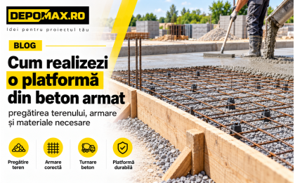 Platformă din beton armat în execuție, cu plasă sudată, fier beton și strat suport compactat