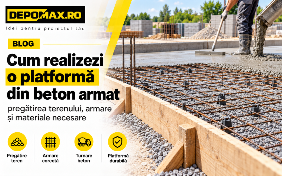 Platformă din beton armat în execuție, cu plasă sudată, fier beton și strat suport compactat