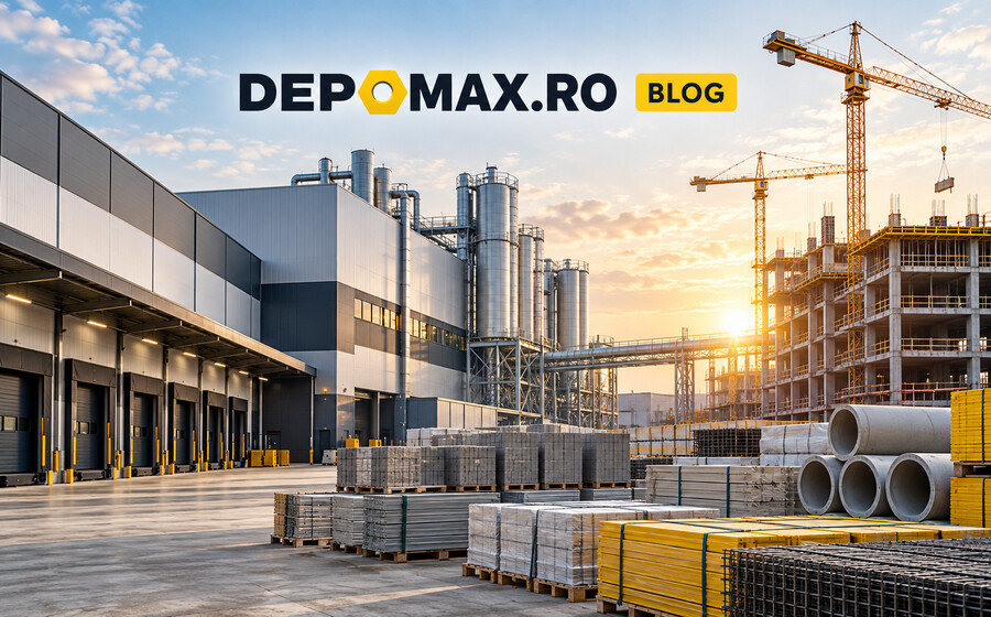 Fabrică, centru logistic și șantier european active, cu materiale de construcții pregătite pentru livrare