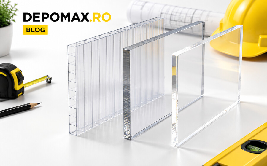 Mostre de policarbonat celular, policarbonat compact și plexiglas transparent prezentate comparativ
