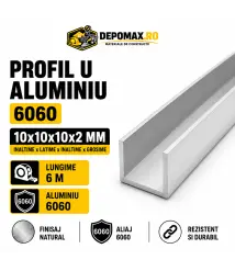Profil U aluminiu 10 x 10 x 10 x 2 mm, 6 metri
