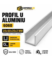 Profil U aluminiu 20 x 60 x 20 x 2 mm, 6 metri