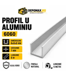 Profil U aluminiu 8 x 8 x 8 x 1 mm, 6 metri