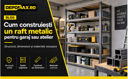 Raft metalic pentru garaj realizat din țeavă pătrată și rectangulară, cu polițe pentru scule și materiale