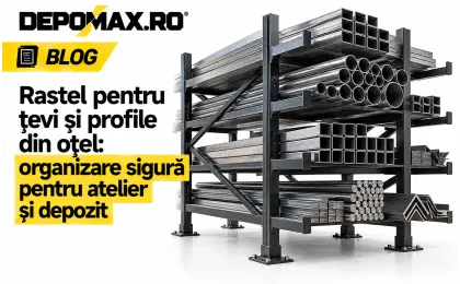 Rastel metalic cu mai multe niveluri, încărcat organizat cu țevi rotunde, profile pătrate, rectangulare și bare din oțel
