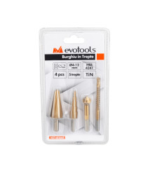 Set 4 piese burghiu in trepte HSS 4241, 4-12 mm, acoperire titan, EvoTools