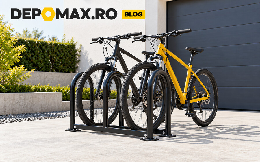 Suport metalic ancorat pentru biciclete, realizat din țeavă rotundă și platbandă, montat lângă un garaj modern