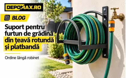Suport pentru furtun de grădină realizat din țeavă rotundă și platbandă neagră, montat lângă un robinet exterior
