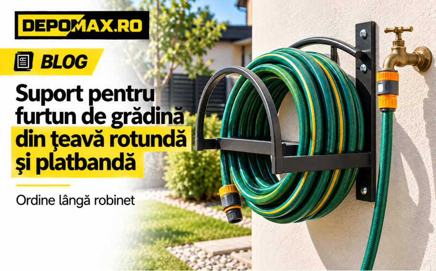 Suport pentru furtun de grădină realizat din țeavă rotundă și platbandă neagră, montat lângă un robinet exterior