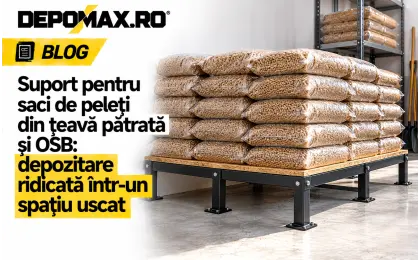Suport jos pentru saci de peleți, realizat din țeavă pătrată neagră și OSB, într-un depozit uscat