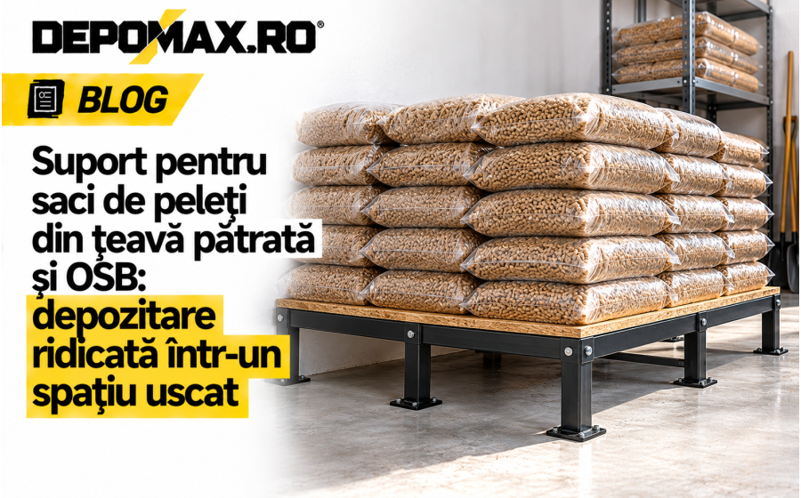 Suport jos pentru saci de peleți, realizat din țeavă pătrată neagră și OSB, într-un depozit uscat