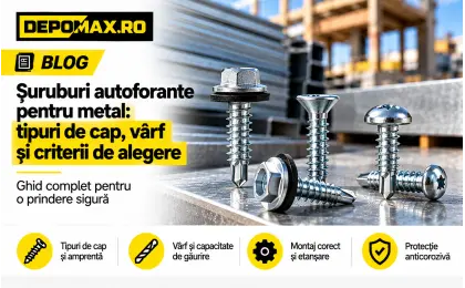 Șuruburi autoforante pentru metal cu cap hexagonal și șaibă, cap înecat și cap bombat, prezentate într-un atelier