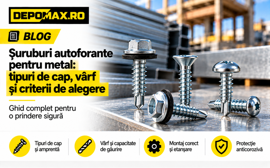 Șuruburi autoforante pentru metal cu cap hexagonal și șaibă, cap înecat și cap bombat, prezentate într-un atelier
