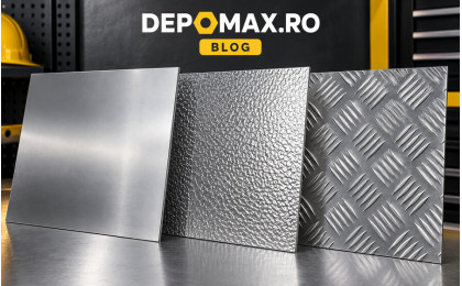 Tablă de aluminiu lisă, tablă stucco embosată și tablă striată prezentate comparativ într-un atelier