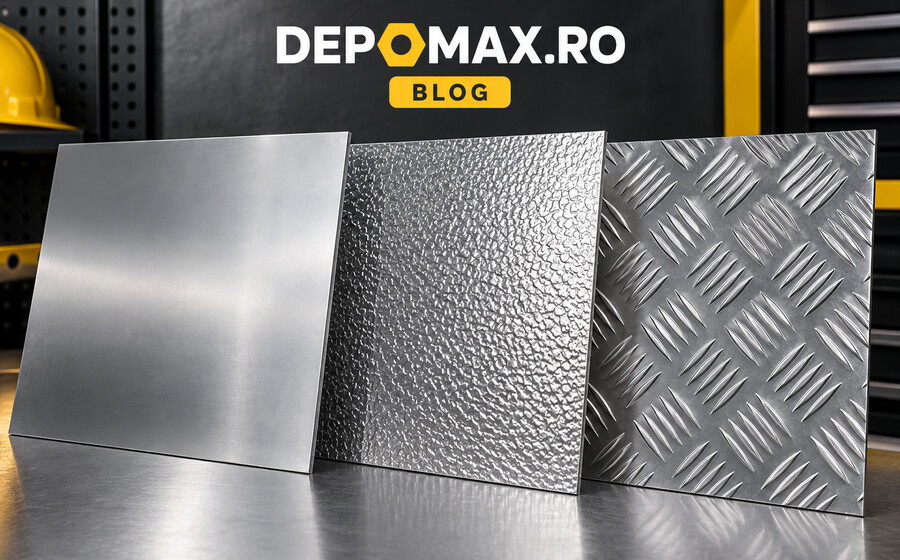 Tablă de aluminiu lisă, tablă stucco embosată și tablă striată prezentate comparativ într-un atelier