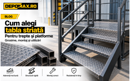 Platformă metalică și trepte realizate din tablă striată, cu structură din profile de oțel