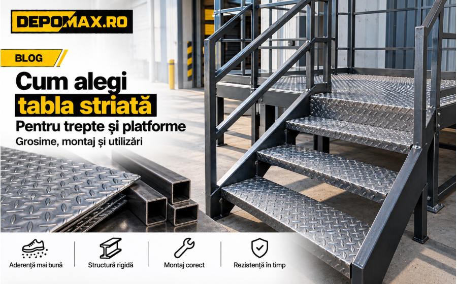 Platformă metalică și trepte realizate din tablă striată, cu structură din profile de oțel