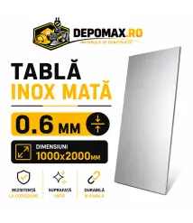 Tabla inox mata AISI 304 2B, 0.6 x 1000 x 2000 mm, 2 mp