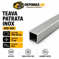 Teava patrata inox AISI 304, 20 x 20 x 2 mm, 6 metri