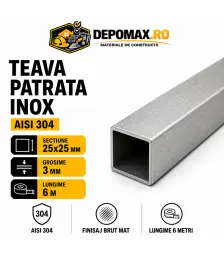Teava patrata inox AISI 304, 25 x 25 x 3 mm, 6 metri
