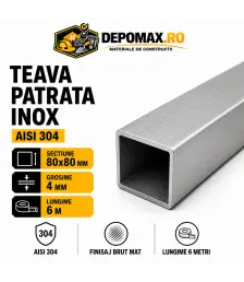 Teava patrata inox AISI 304, 80 x 80 x 4 mm, 6 metri
