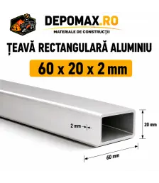 Teava rectangulara aluminiu 60 x 20 x 2 mm, 6 metri (EN AW-6060)