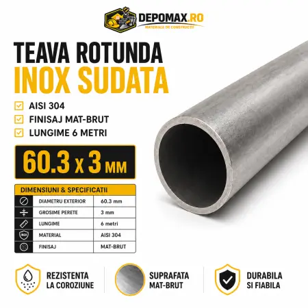 Teava rotunda inox sudata AISI 304, 60.3 x 3 mm, 6 metri