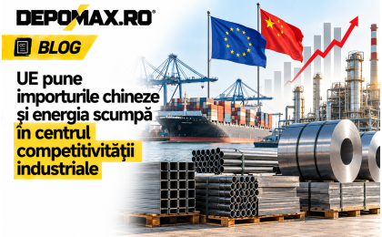 Port industrial european cu navă de containere, bobine de oțel, infrastructură energetică și steaguri ale Uniunii Europene