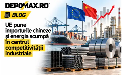 Port industrial european cu navă de containere, bobine de oțel, infrastructură energetică și steaguri ale Uniunii Europene