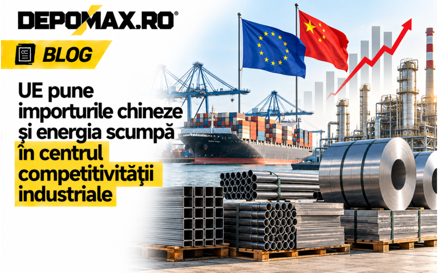 Port industrial european cu navă de containere, bobine de oțel, infrastructură energetică și steaguri ale Uniunii Europene